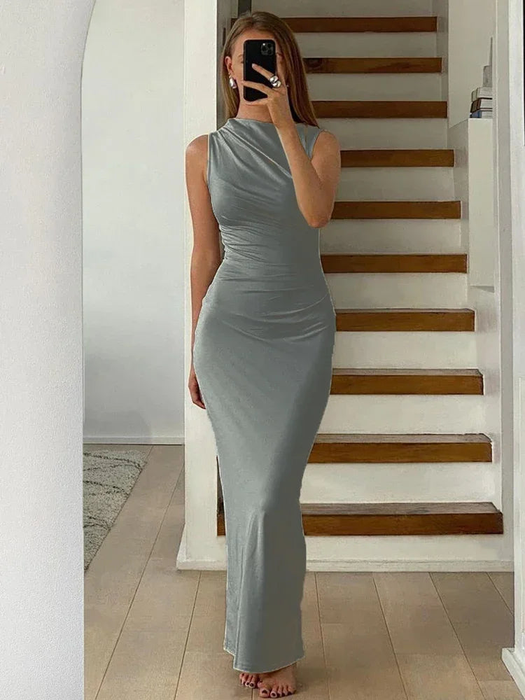 Pleated Long Sleeved Slim Maxi Dress – Off-shoulder Bodycon Gown