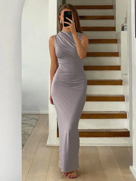 Pleated Long Sleeved Slim Maxi Dress – Off-shoulder Bodycon Gown