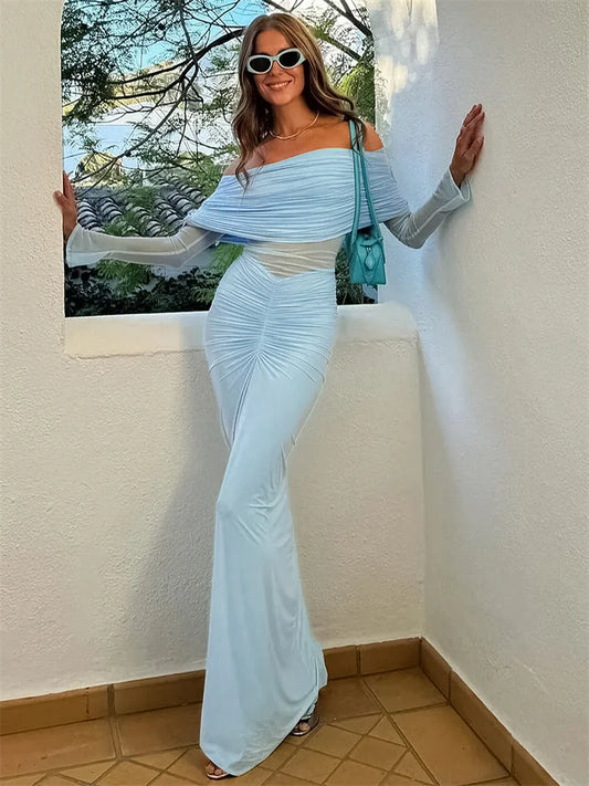 Pleated Mesh Off-shoulder Maxi Dress Female See-through Patchwork High Waist Gown Dress ’s Long Dress