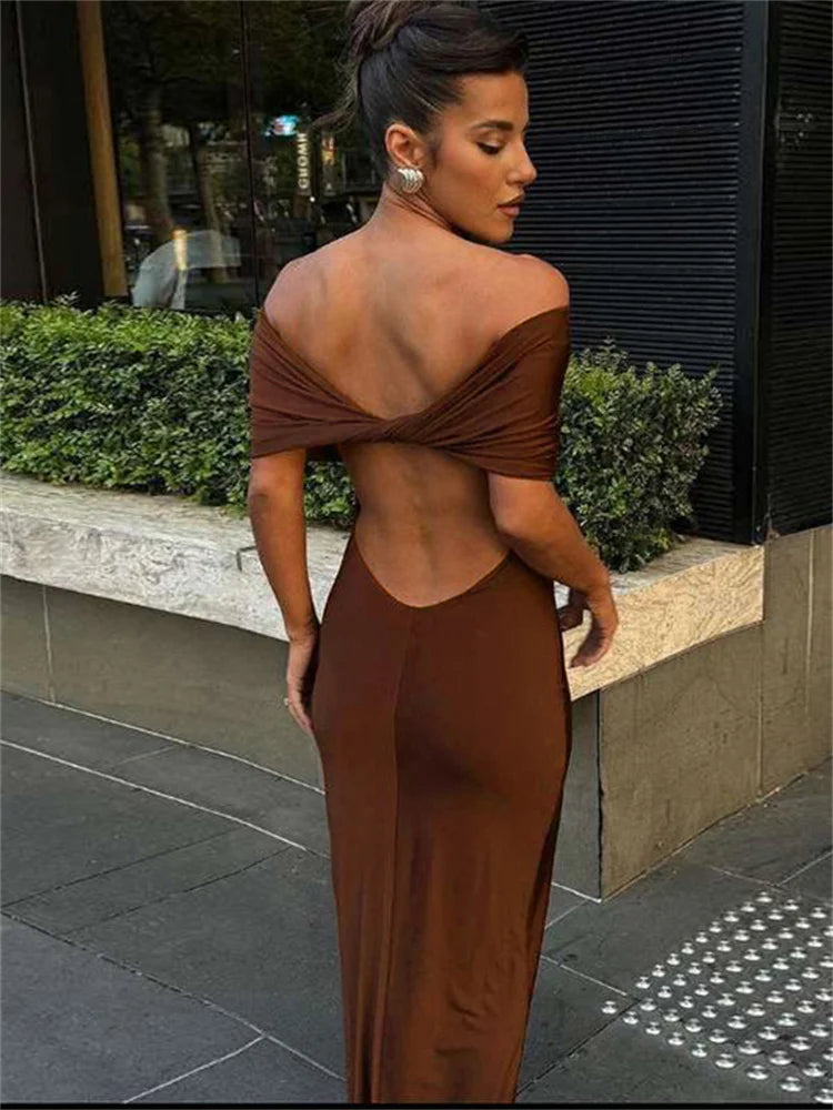 Pleated Off-shoulder Long Dress for Twist Backless Patchwork Party Dress Summer Maxi Dress New