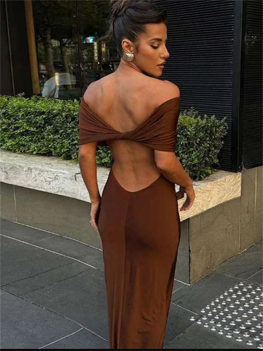 Pleated Off-shoulder Long Dress for Twist Backless Patchwork Party Dress Summer Maxi Dress New