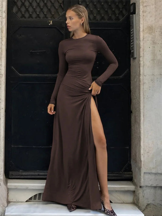 Pleated Skinny Maxi Dress ’s High Split Long Sleeve Patchwork Hollow Out Dress Female Long Dress