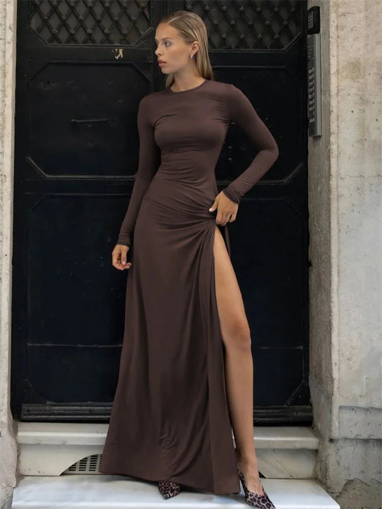 Pleated Skinny Maxi Dress ’s High Split Long Sleeve Patchwork Hollow Out Dress Female Long Dress