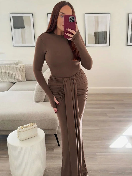 Pleated Tassel Slim Maxi Dress for Patchwork Lace-up Bandage Autumn Dress Female Party Dress