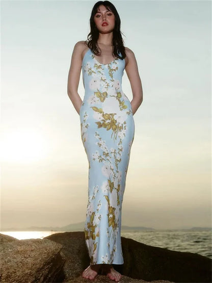 Printed Backless Dress for Bandage Summer Slim Party Dress Gown Lace-up Maxi Dress