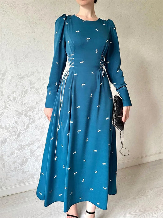Printed Bandage Maxi Dress for Slim Patchwork Lace-up Long Sleeve Dress Female Contrast Long Dress