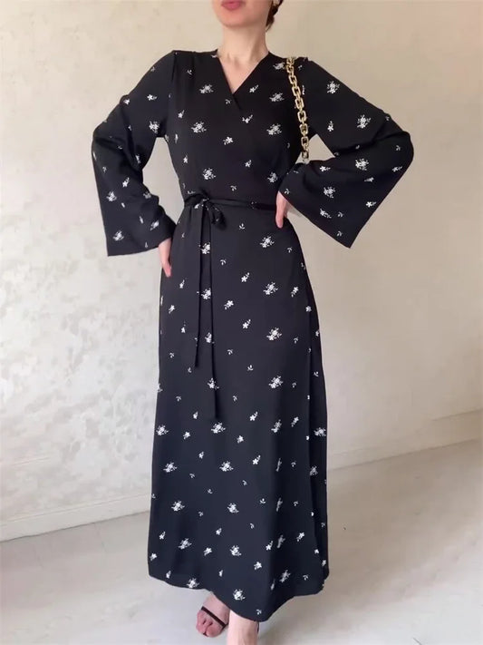 Printed Bandage Maxi Dress for V-neck Patchwork High Waist Lace-up Party Looks Long Dress New