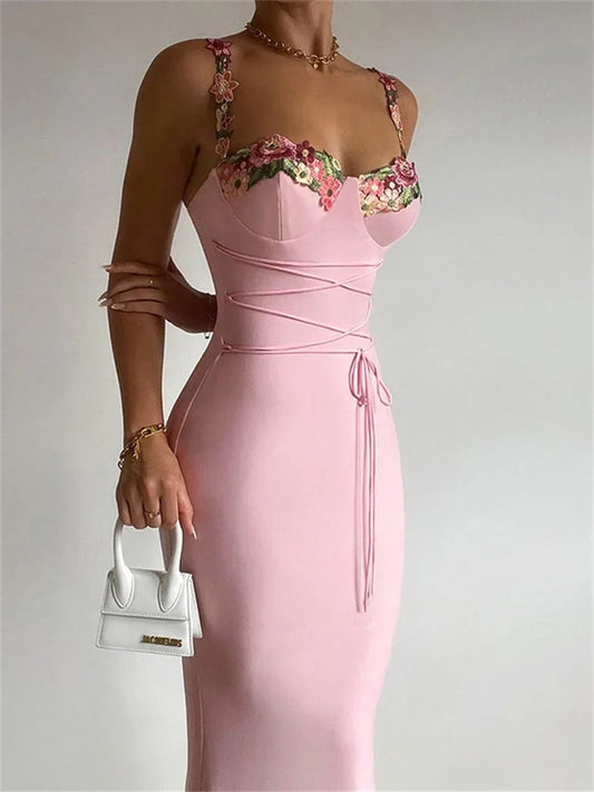 Printed Bandage Long Dress Female Slim Sleeveless High Waist Spaghetti Dress Patchwork Party Dress