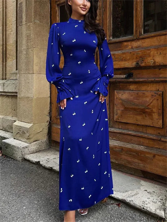 Printed Bandage Long Dress Satin High Street Party Dress Long Sleeve Patchwork Maxi Dress