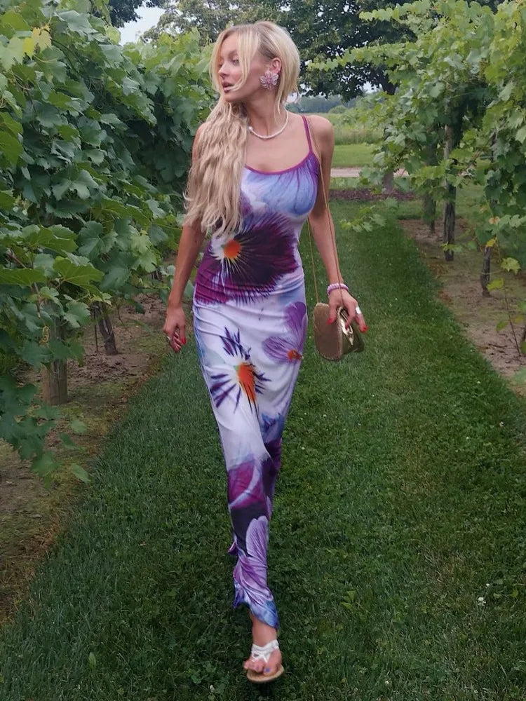 Printed Contrast Spaghetti Dress Female Backless High Waist Patchwork Summer Maxi Dress Halter Dresses
