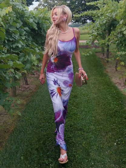 Printed Contrast Spaghetti Dress Female Backless High Waist Patchwork Summer Maxi Dress Halter Dresses