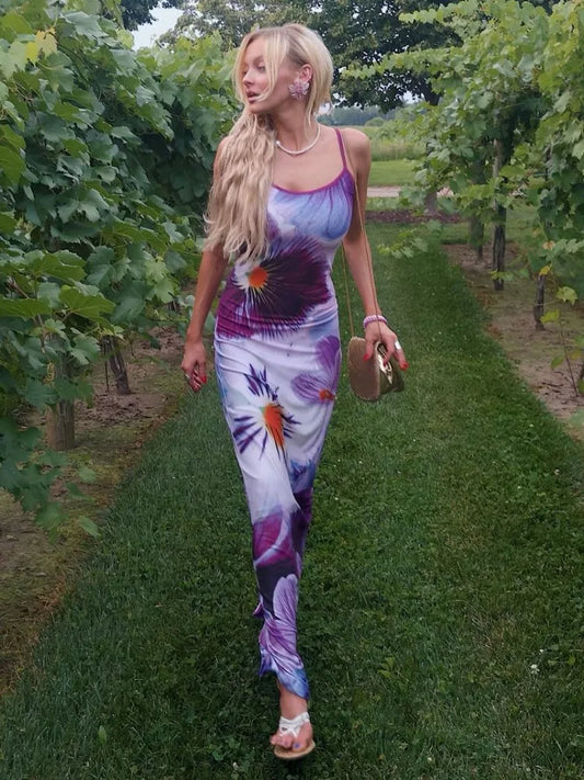 Printed Contrast Spaghetti Dress Female Backless High Waist Patchwork Summer Maxi Dress Halter Dresses