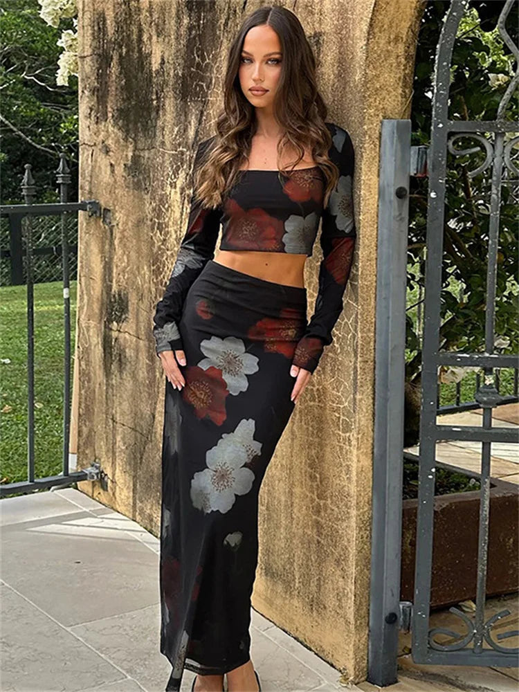 Printed 2 Piece-set Female Patchwork Long Sleeve Crop Top and Maxi Dress Sets Long Skirt Outfits