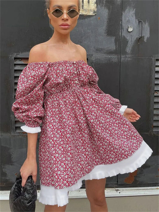 Printed Off-shoulder Ruffled Mini Dress for Square Collar Party Dress Evening Mini Dress