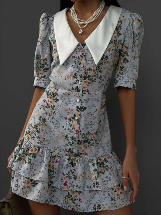 Printed Ruffled V-neck Mini Dress Female Short Sleeve Slim High Waist Party Dress ’s Summer Dress New