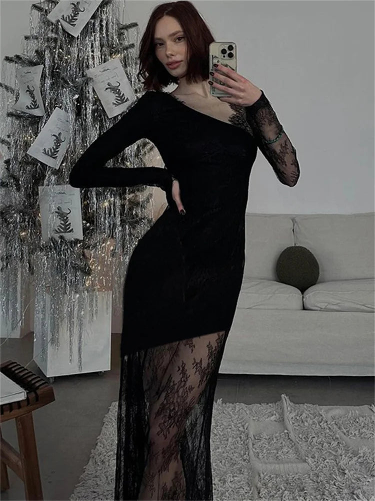 Printed See-through Black Maxi Dress High Waist Lace Slim Mesh Patchwork Long Dress Party Looks Female Dress