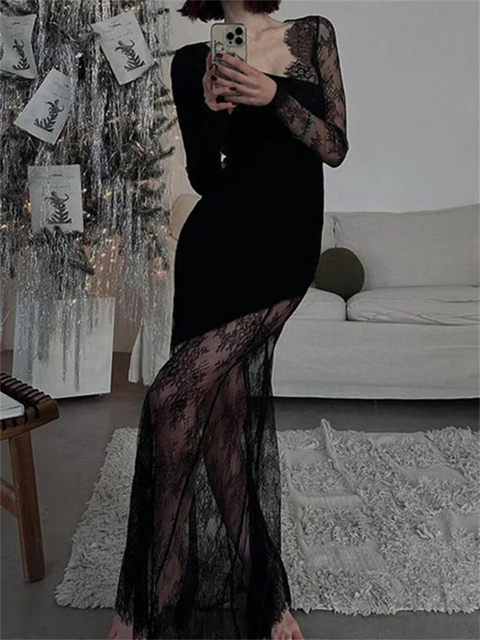 Printed See-through Black Maxi Dress High Waist Lace Slim Mesh Patchwork Long Dress Party Looks Female Dress