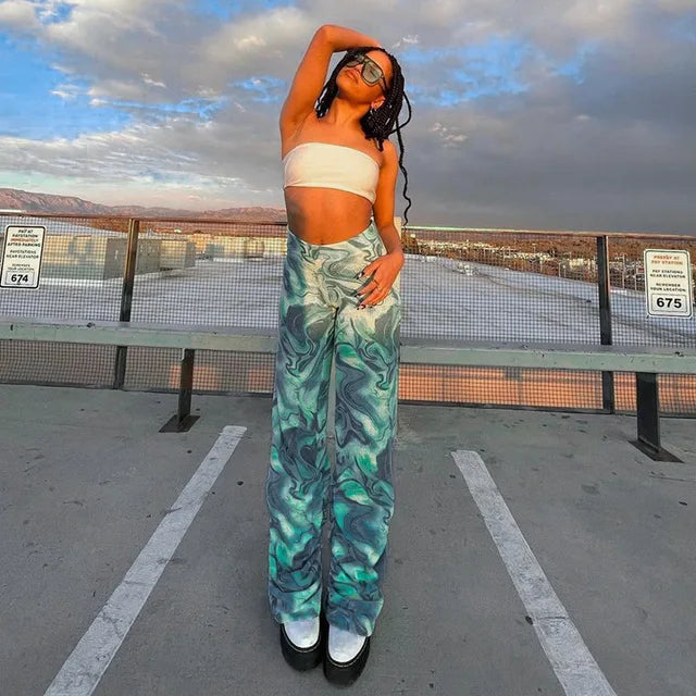 Printed Straight Leg High Waist Trousers Spring New Harajuku Long Pants Female