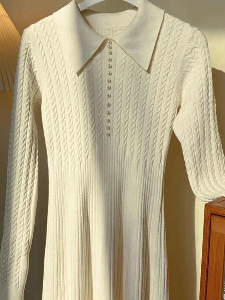 Ribbed Autumn Knit Long Dress for High Waist Long Sleeve Dress Lapel Loose Knitwear Maxi Dress