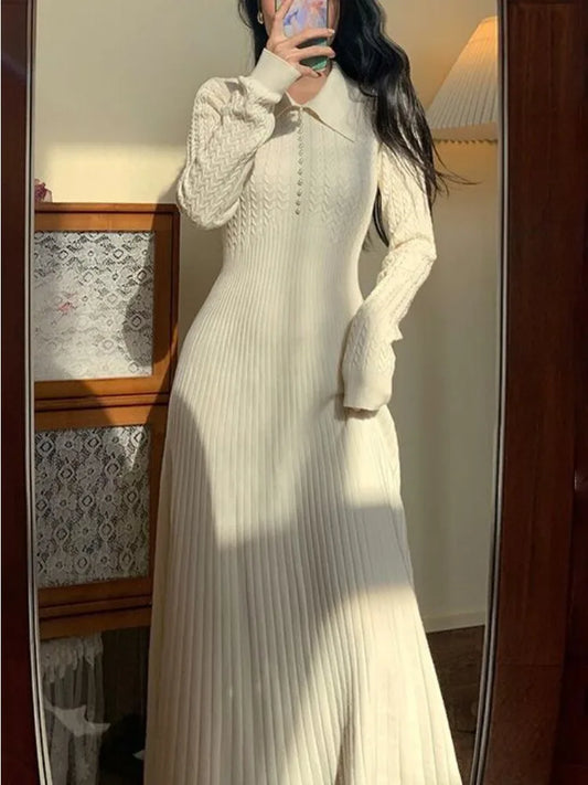 Ribbed Autumn Knit Long Dress for High Waist Long Sleeve Dress Lapel Loose Knitwear Maxi Dress