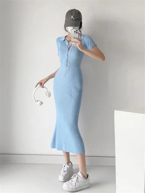 Ribbed High Waist Slim Maxi Dress for Knitwear Lapel Party Dress Gown Short Sleeve Knit Dress