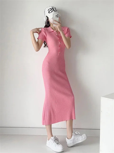 Ribbed High Waist Slim Maxi Dress for Knitwear Lapel Party Dress Gown Short Sleeve Knit Dress