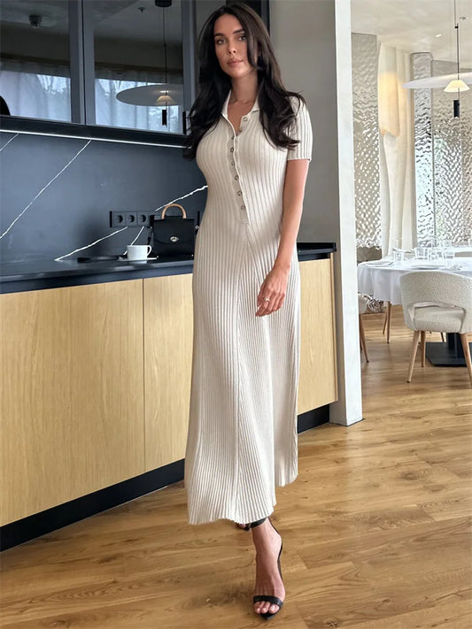 Ribbed High Waist Slim Maxi Dress for Knitwear Lapel Party Dress Gown Short Sleeve Knit Dress
