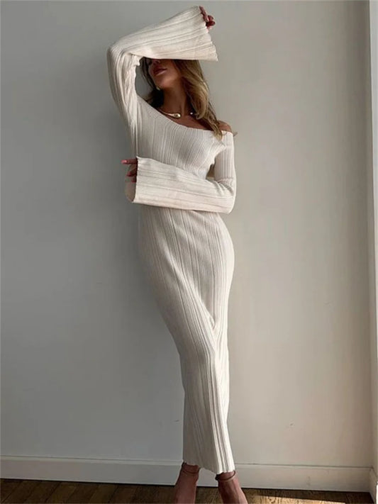 Ribbed Off-shoulder Knit Long Dress for Slim Long Sleeve High Waist Backless Dress Knitwear Loose Maxi Dress