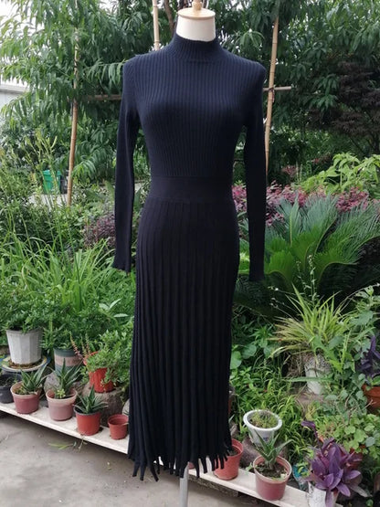 Ribbed Pleated Knit Dress Loose Patchwork Long Sleeve Dress High Waist Knitwear Female Autumn Maxi Dress New