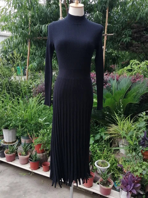 Ribbed Pleated Knit Dress Loose Patchwork Long Sleeve Dress High Waist Knitwear Female Autumn Maxi Dress New