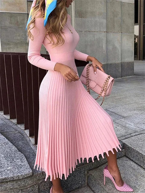 Ribbed Pleated Knit Dress Loose Patchwork Long Sleeve Dress High Waist Knitwear Female Autumn Maxi Dress New