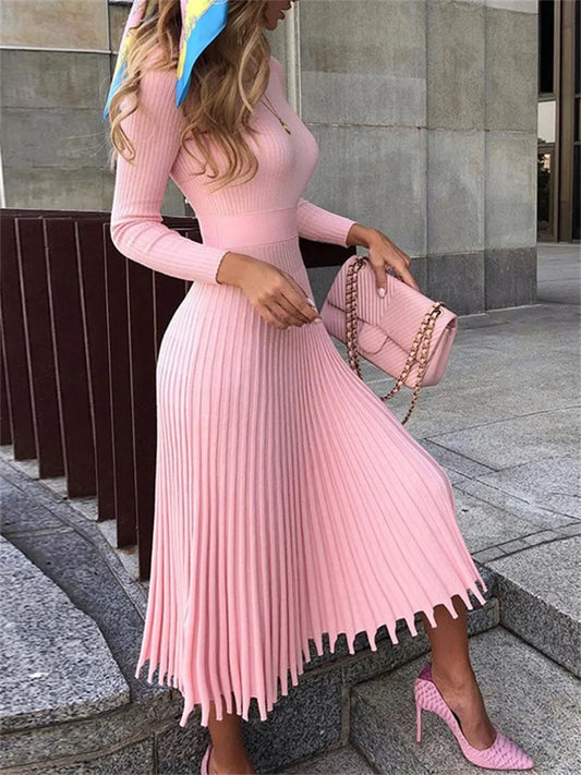 Ribbed Pleated Knit Dress Loose Patchwork Long Sleeve Dress High Waist Knitwear Female Autumn Maxi Dress New
