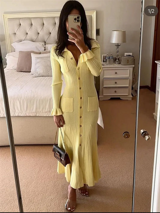 Ribbed Ruffled Knit Long Dress Female Pocket Cardigan Sweater Long Sleeve Party Dress ’s Knitwear Maxi Dress