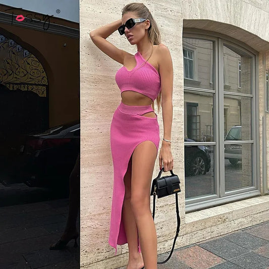 Ribbed Hollow Out Sleveless Long Dress Split Out Slim Vestidos Cropped Off Shoulder Holiday Beachwear