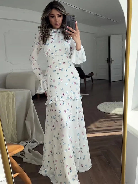 Ruffle Printed Long Sleeve Long Dress ’s Contrast Color Slim Fit Lace Waist Summer Long Dress