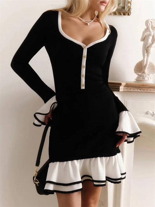 Ruffled Backless Tee Bow Mini Dress Female Slim High Waist Party Dress Commute Clothes Summer Dress