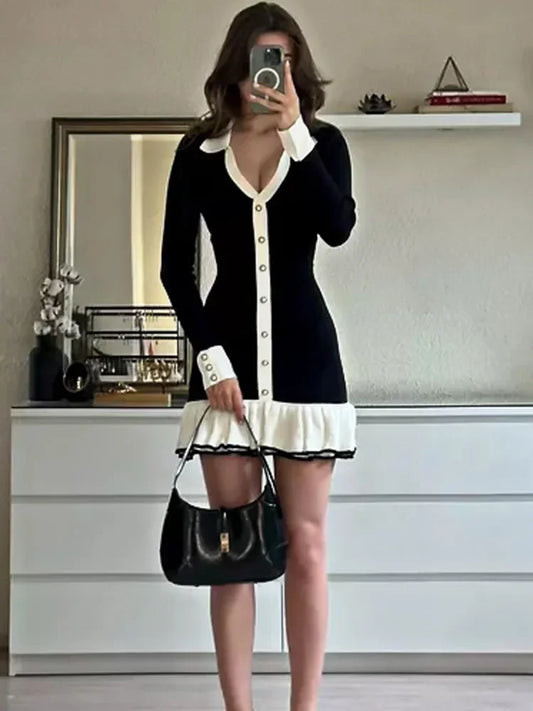 Ruffled Bow Knit Mini Dress ’s Summer Backless Contrast Cardigan Lace-up Dress Female Knitwear Bandage Dress