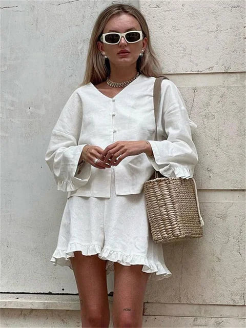 Ruffled Outfits for High Waist Long Sleeve Shorts Two Piece Knee Length Baggy Female Nightwear Outfits