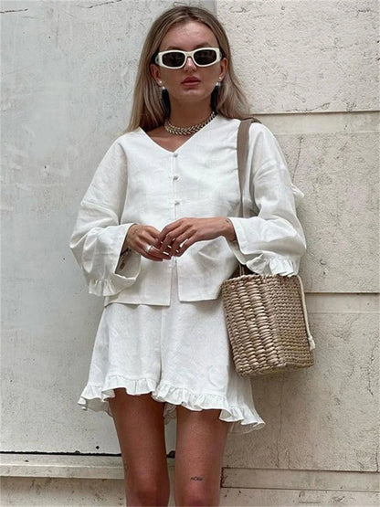 Ruffled Outfits for High Waist Long Sleeve Shorts Two Piece Knee Length Baggy Female Nightwear Outfits