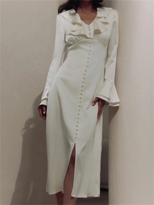 Ruffled for Long Dress V-neck Patchwork Long Sleeve Slim Party Dress Gown White Spring Maxi Dress