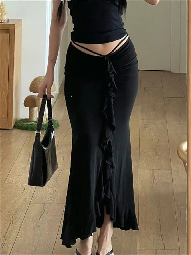 Ruffled Tassel Skirt for Patchwork Pleated Y2k Skirt Low Waist Lace-up Slim Outfits Black Midi Skirt