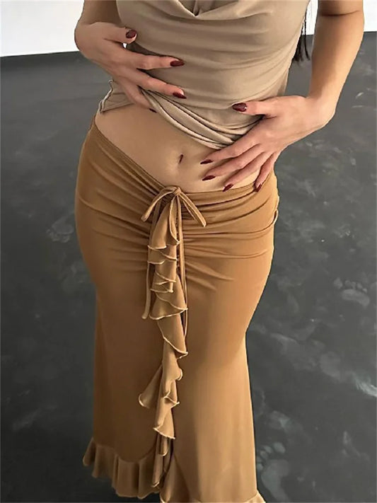 Ruffled Tassel Skirt for Patchwork Pleated Y2k Skirt Low Waist Lace-up Slim Outfits Black Midi Skirt