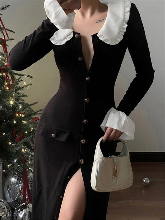 Ruffled Knit Long Dress High Waist Pocket Slim Lapel Patchwork Party Dress Female Autumn Maxi Dress
