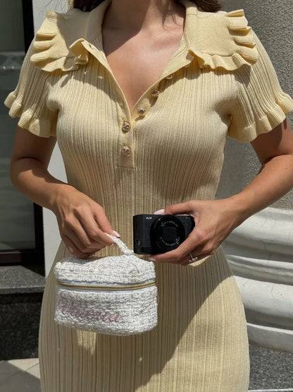 Ruffled Knit High Waist Mini Dress ’s Color Slim Fit Retro Single Breasted Short Sleeve Mini Dress