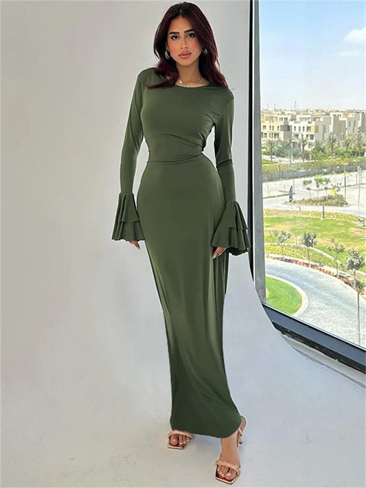 Ruffled Lace-up Long Dress Female Slim Long Sleeve High Waist Party Dress Autumn Maxi Dress