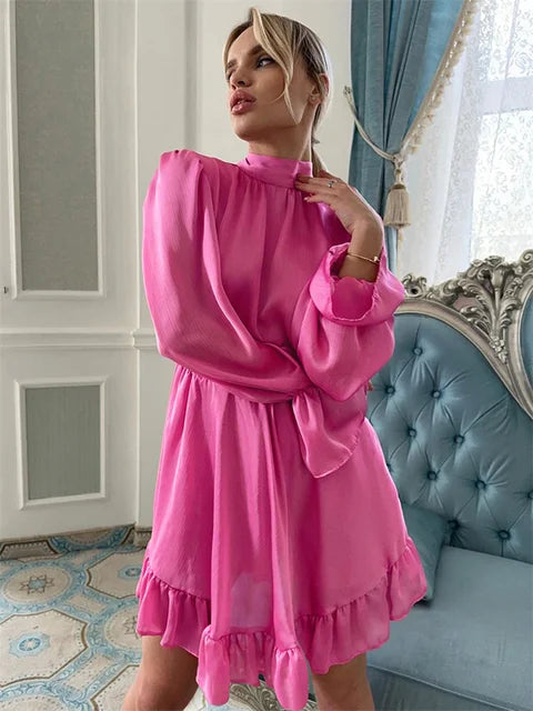 Ruffled Lace-up Slim Mini Dress Long Sleeve Patchwork Dress