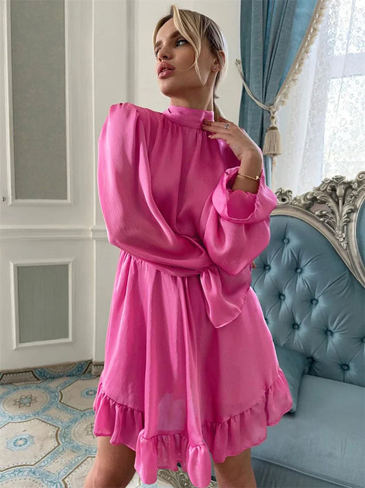 Ruffled Lace-up Slim Mini Dress Long Sleeve Patchwork Dress