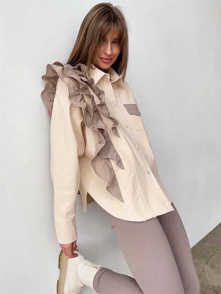 Ruffled Patchwork Shirts for Pocket Lapel Long Sleeve Cardigan Contrast Female Blouse Y2k Top