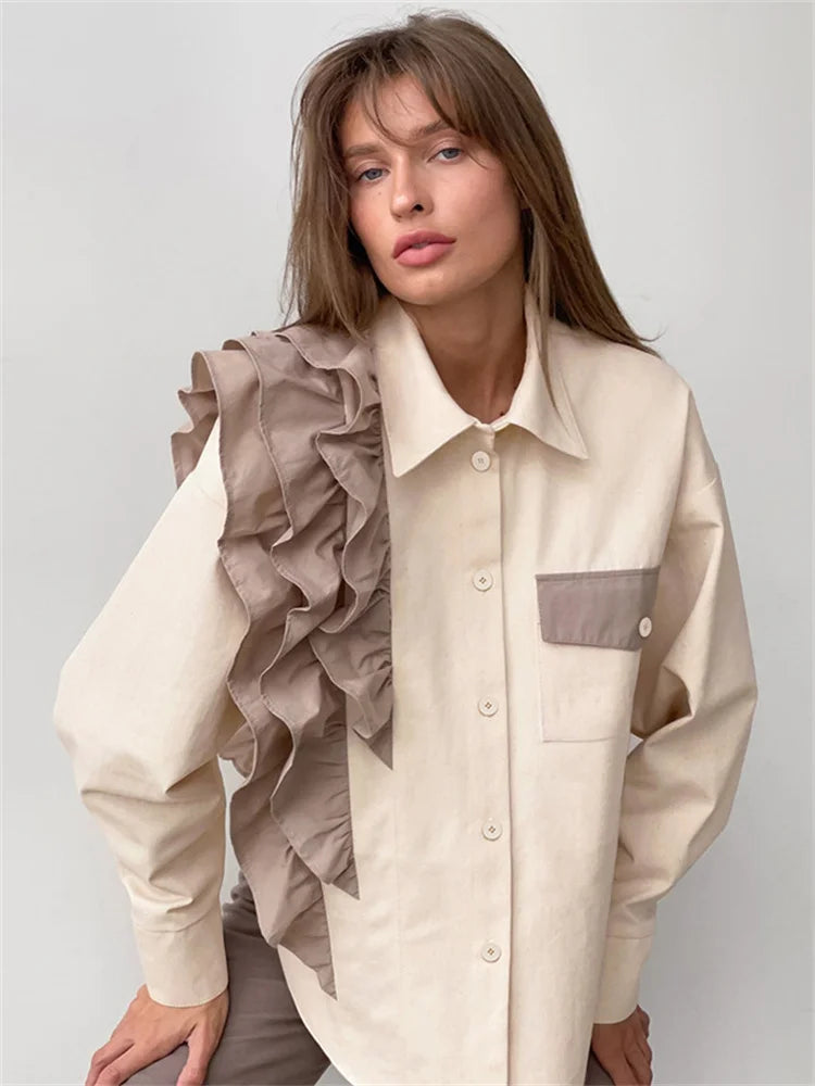 Ruffled Patchwork Shirts for Pocket Lapel Long Sleeve Cardigan Contrast Female Blouse Y2k Top