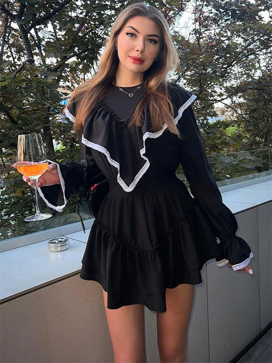 Ruffled Patchwork ’s Mini Dress – Long Sleeve Party Dress